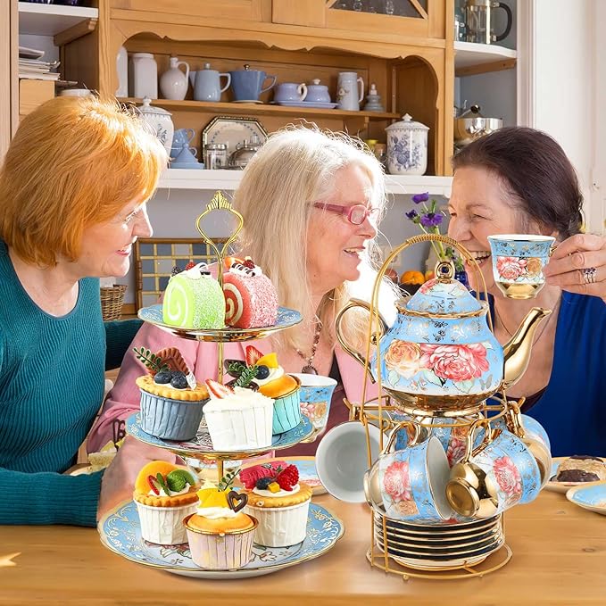 Maxcheck 21 Pcs Tea Party Set for Adults European Floral Tea Set with Metal Holder and 3 Tier Ceramic Cake Stand Porcelain Flower Cup Teapot for Dessert Cupcake(Advanced Style)