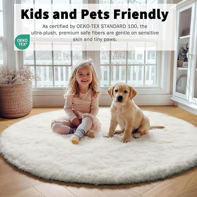 Cream White Round Area Rug 4ft, Fluffy Ultra Soft Bedroom Circle Rugs Floor Mat - Image 3
