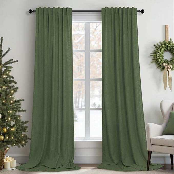 Olive Green Linen Curtains 84 Inch Length by Pitalk
