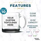 Custom Libbey Clear Glass Coffee Mugs 13 oz. Set of 10, Personalized Bulk Pack - Perfect for Coffee, Tea, Espresso, Hot Cocoa, Other Beverages - Black Bottom