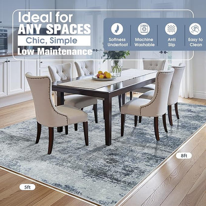 5x8 Area Rugs for Living Room Washable Bedroom Dining Room Blue Grey | Modern - Image 2