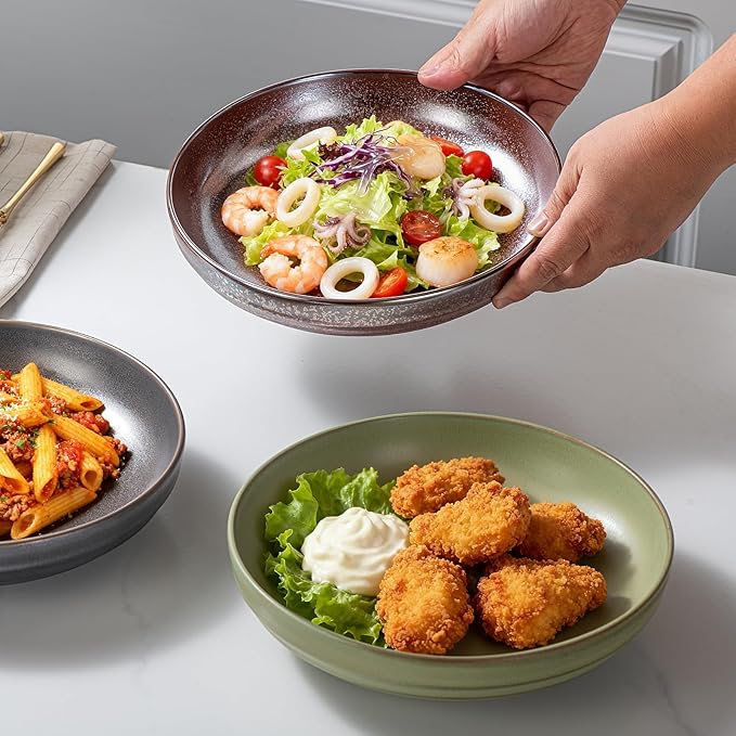 HAPPY KIT Stoneware 9'' Pasta Bowls, 42 Oz Large Salad Bowls Set of 4, Serving Bowls Perfect for Dessert, Soup, Fruit, Noodle, Granite White