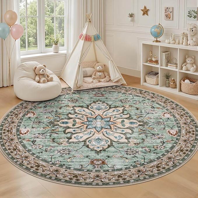 Round Area Rug for Living Room: 6ft Boho Washable Rug Brown Green | Vintage - Image 5