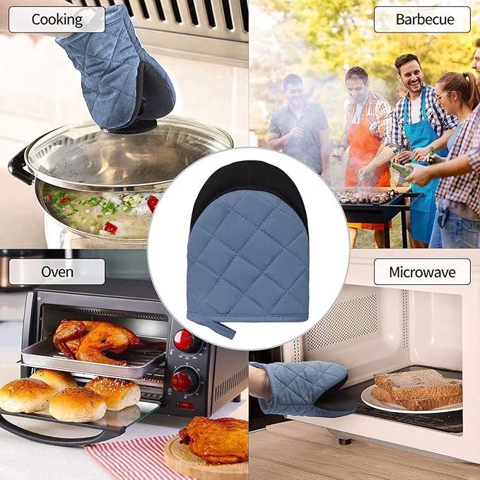 Short Oven Mitts, Heat Resistant Silicone Kitchen Mini Oven Mitts for 500 Degrees, Non-Slip Grip Surfaces and Hanging Loop Gloves, Baking Grilling Barbecue Microwave Machine Washable, 1 Piece