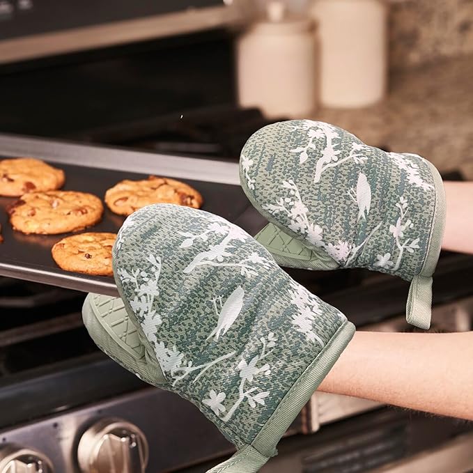 Mini Silicone Oven Mitts, Heat and Slip Resistant Kitchen Gloves 2-Pack Set, Birds Flower Soft Short Oven Mittens, Flexible Thick Pot Holders for Safe Cooking Baking and Grilling (Mini, Aqua)
