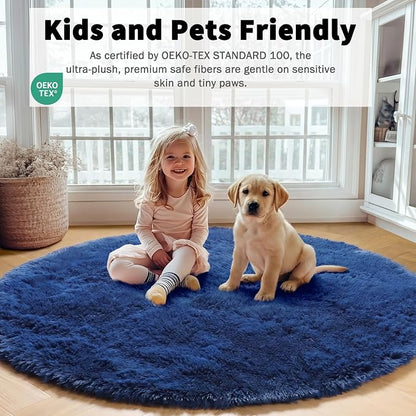 Navy Blue Round Rug 4ft, Fluffy Soft Circle Area Rugs - Image 5