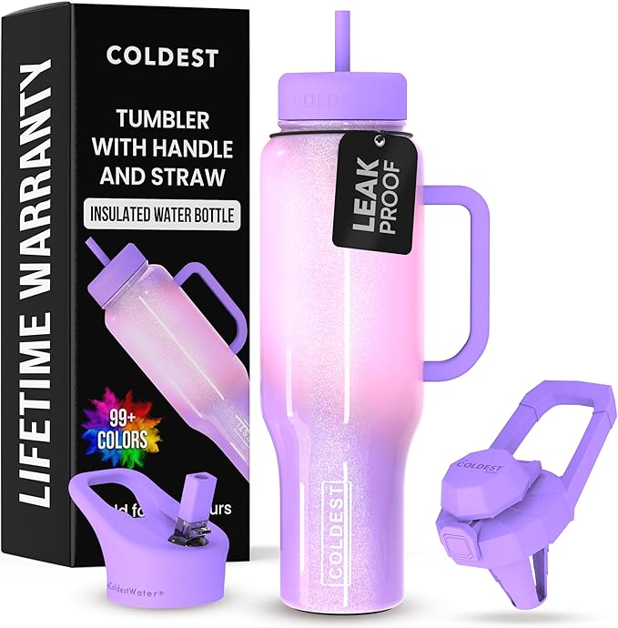Coldest 40 oz Tumbler with Handle and Straw - 100% Leak Proof Insulated Tumbler with Lid and Straw (3 Lids) - Stainless Steel Tumblers for Women & Men - Cup Holder Friendly Base, 46 oz (Unicorn)