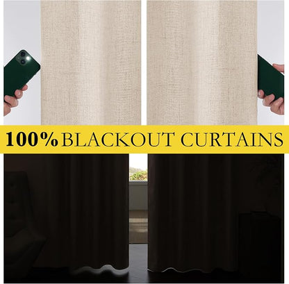 NICETOWN 100% Blackout Beige Linen Curtains 90" Length - Image 3