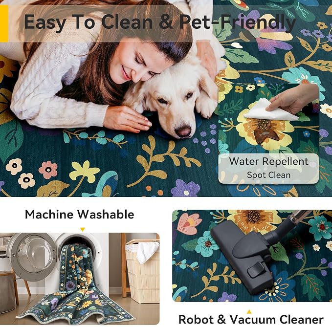 RELEANY Floral Washable 6x9 Area Rugs Teal/Purple | Flower Carpet Print Boho - Image 4