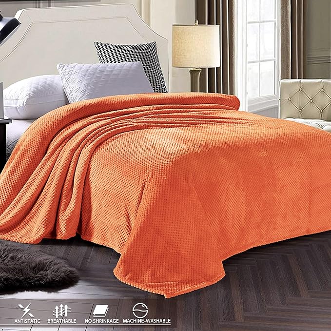 Exclusivo Mezcla Soft Waffle Fleece Bed Blanket King Size, Burnt Orange | - Image 3