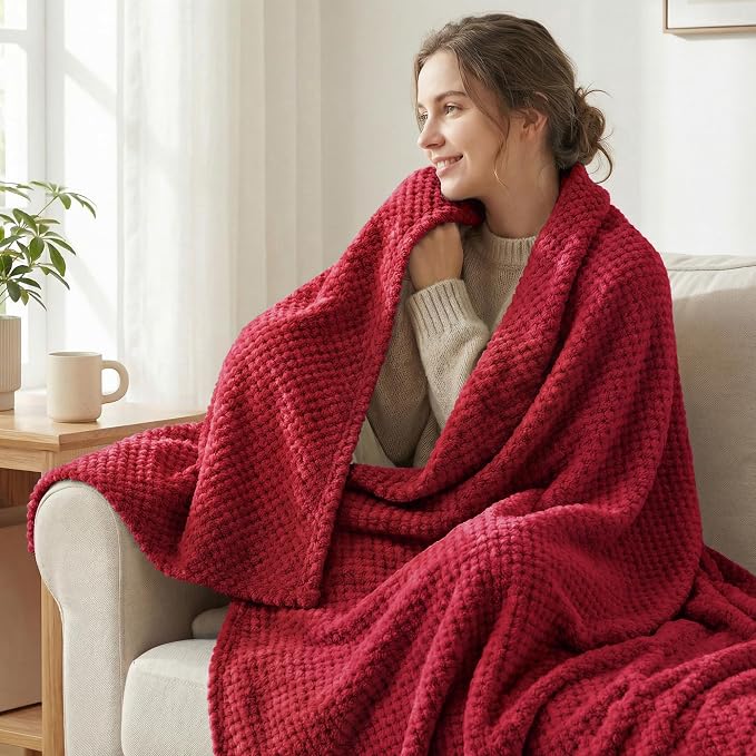 Exclusivo Mezcla Soft Waffle Fleece Bed Blanket Twin Size, Deep Red | - Image 2