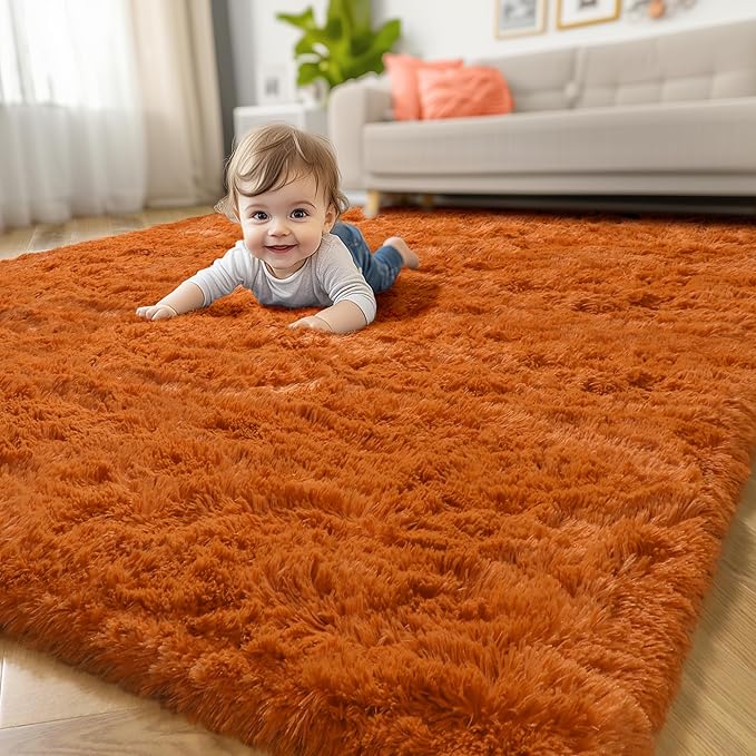 Amdrebio Burnt Orange Fluffy Shag Rust Small Area Rug 3x5 by Amdrebio