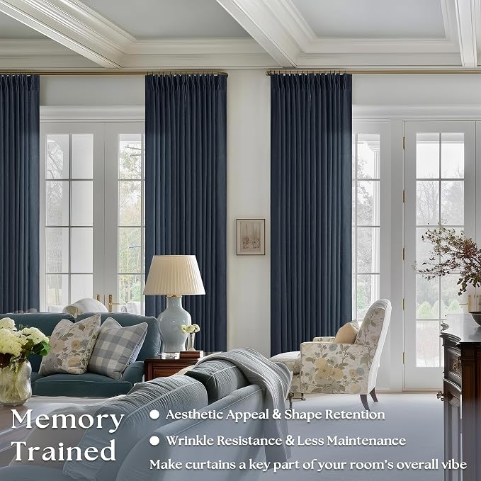 Navy Blue Linen Pinch Pleated Curtains 108 Inches Long 2 Panels | Light - Image 2