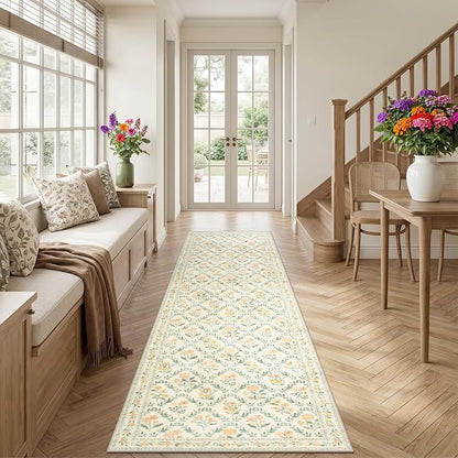 PLHXFR 2.6x10 Washable Runner Rug：Floral Indoor Kitchen Carpet Beige Multi | - Image 3