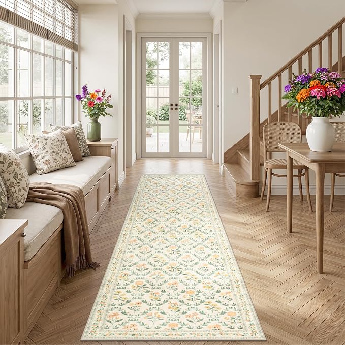 PLHXFR 3x10 Washable Runner Rug：Floral Indoor Kitchen Carpet Beige Multi | - Image 3