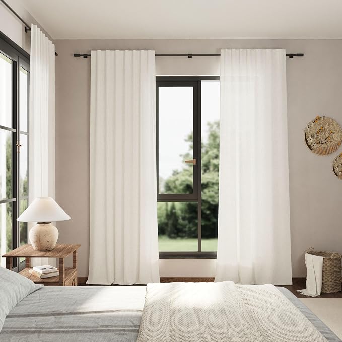 Beige White Linen Curtains 102 Inches Long Rod Pocket Back Tab Drapes 2 Panels - Image 7