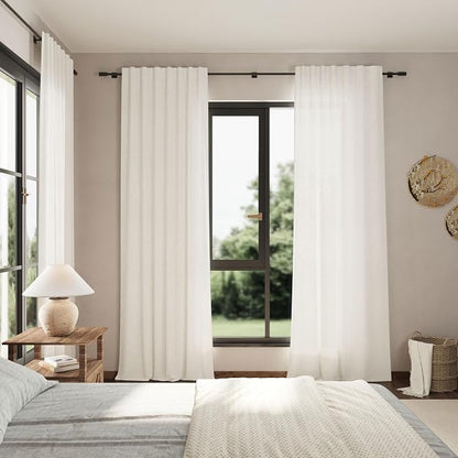 Beige White Linen Curtains 102 Inches Long Rod Pocket Back Tab Drapes 2 Panels - Image 7