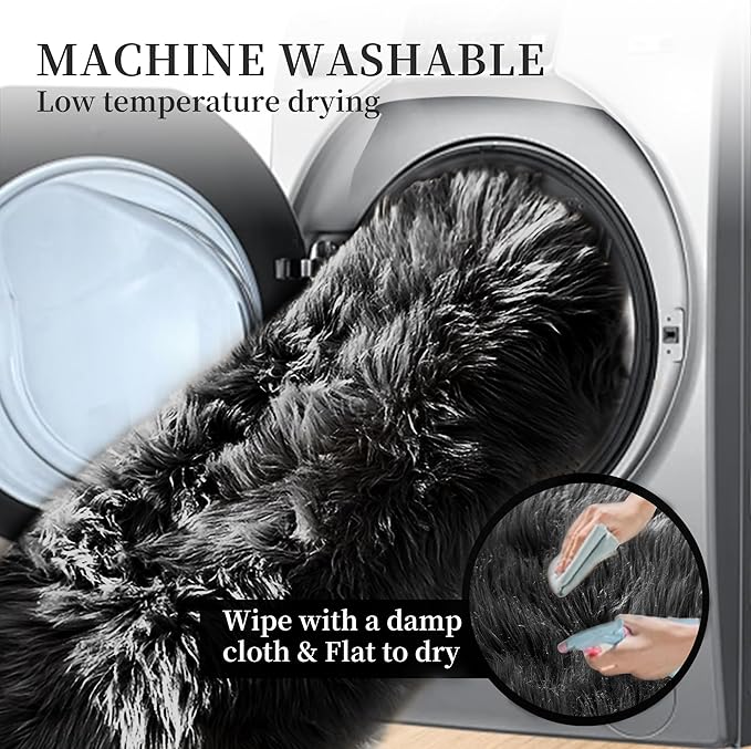 ORINOVA Black Fluffy Faux Sheepskin Washable Fur Area Rugs - Image 5