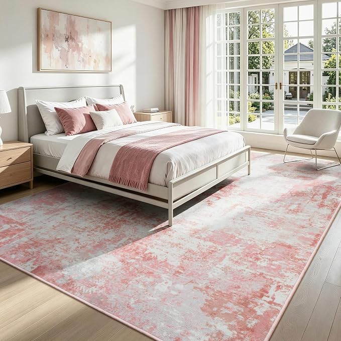 Rugflix 5x7 Area Rugs for Living Room, Washable Pink White Large Rug | Machine - Image 3