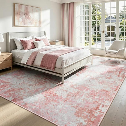 Rugflix 5x7 Area Rugs for Living Room, Washable Pink White Large Rug | Machine - Image 3