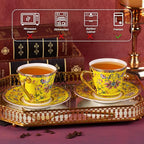 KAMMAK Tea Cups and Saucers Set of 2, Porcelain Coffee Cups with Saucer for Espresso, Cappuccino, 9oz Vintage Noble Yellow Ceramic Demitasse Mug for Home, Tea Party, Office