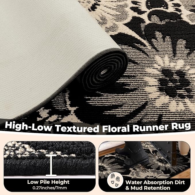 Findosom Hallway Runner Rug 2x6, Non Slip High-Low Textured Floral Washable - Image 4