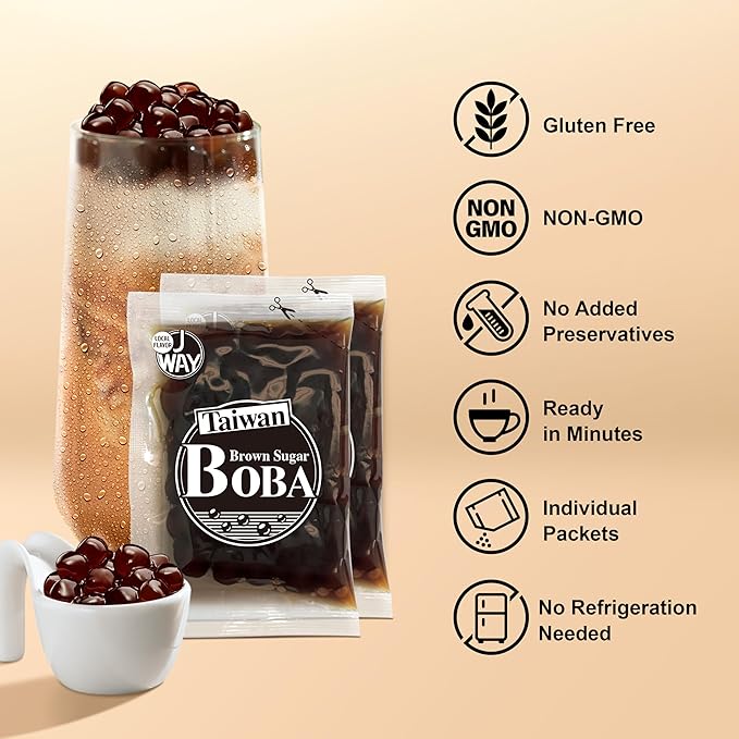 J WAY BOBA Authentic Instant Tapioca Boba Pearls for Milk Tea, Smoothies and Desserts, Brown Sugar Flavor (Ready in Just 20 Seconds) - 4 Servings