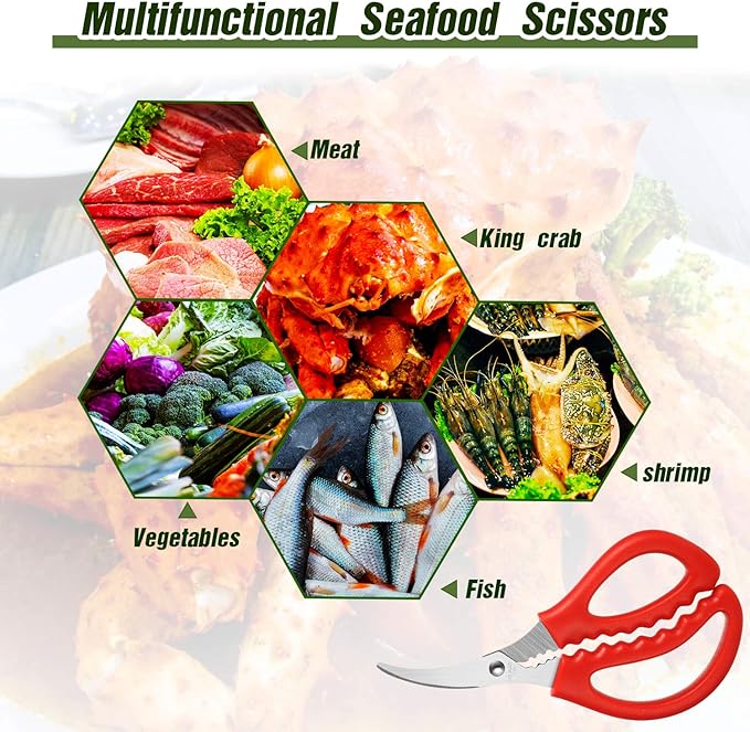 Honoson 6 Pieces Kitchen Seafood Scissors Multifunctional Stainless Steel Shears Seafood Fish Crab Shrimp Lobster Scissors for Kitchen Peeling Tools (Red)
