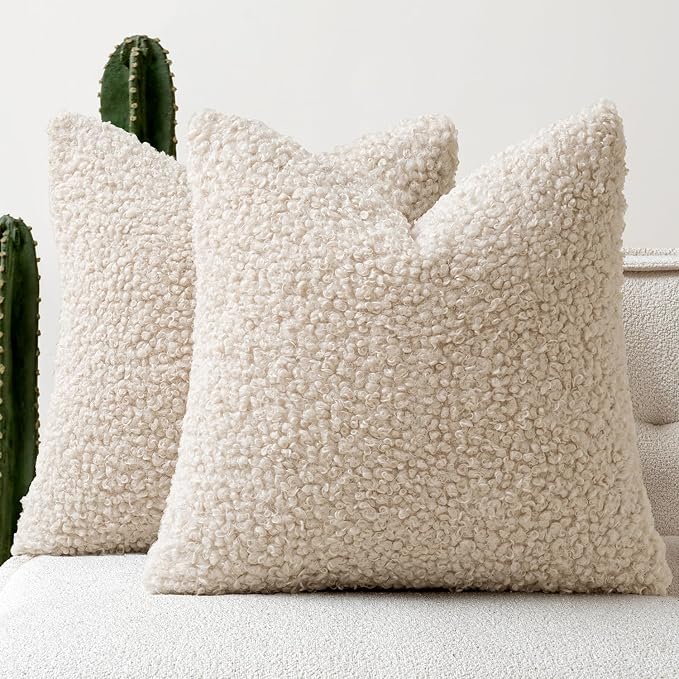 Faux Fur Throw Pillow Covers 20x20 Inch Set of 2 Boucle Neutral Decorative by Woaboy