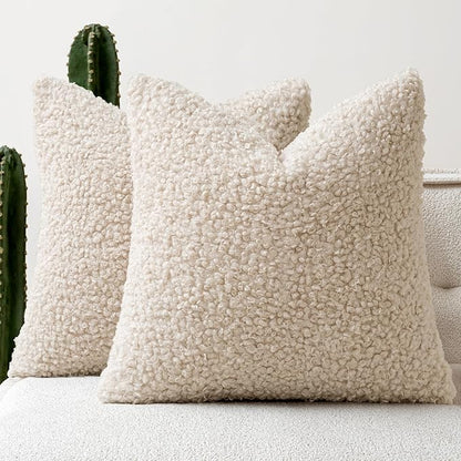 Faux Fur Throw Pillow Covers 20x20 Inch Set of 2 Boucle Neutral Decorative by Woaboy