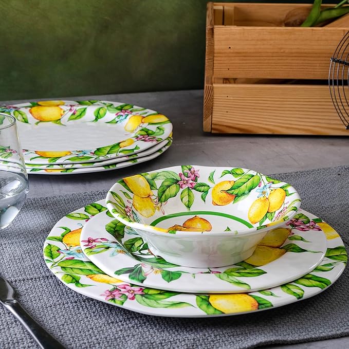 LEHAHA Melamine Dinner Plate Set of 6, 11” inch Lemon Plates Set, BPA Free, Lightweight and Break Resistant, Great for Parties, RVs, Picnic and Camping Trailer, Dishwasher Safe