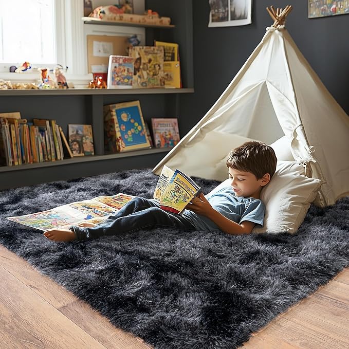 Super Fluffy Area Rug for Living Room 5x7, Shaggy Carpet, Dark Grey | Modern - Image 4