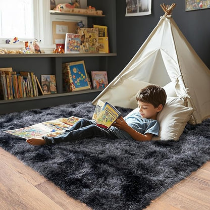 Super Fluffy Area Rug for Living Room 5x7, Shaggy Carpet, Dark Grey | Modern - Image 4