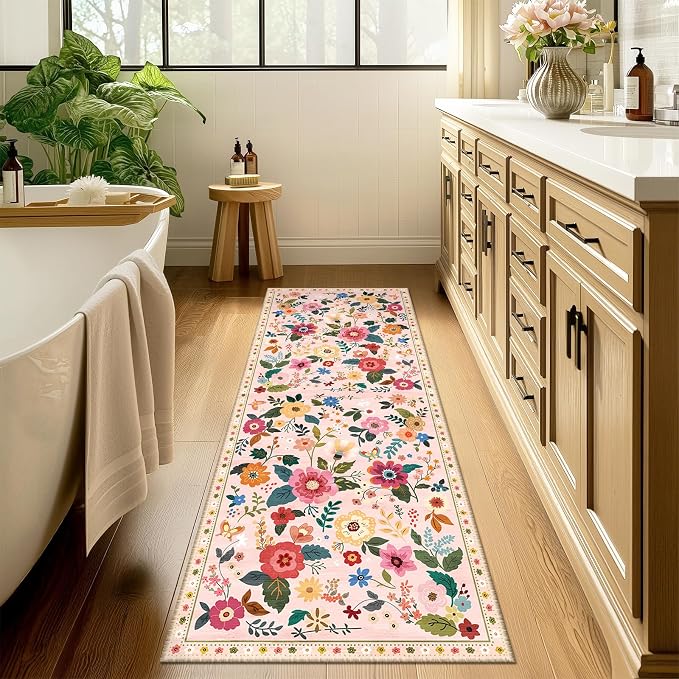 Floral Washable 2x8 Area Rugs Runner Entryway Hallway Pink | Flower Carpet - Image 8