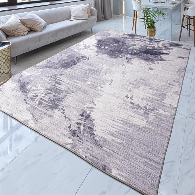Area Rug 4x6 Light Grey Rug Washable Boho Rugs Non Slip Low Pile Abstract Small - Image 3