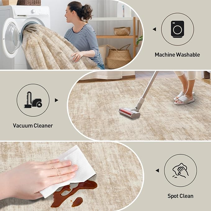 9x12 Area Rugs for Living Room: Washable Abstract Beige Badroom Carpet | - Image 4