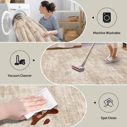 10x14 Area Rugs for Living Room: Washable Abstract Beige Badroom Carpet | - Image 4