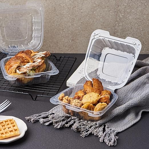 FULING 100 Count Clear Plastic Hinged Food Take Out To-Go Clamshell Containers, 6" W Disposable Takeout Tray for Dessert, Cakes, Cookies, Salads, Pasta, Sandwiches