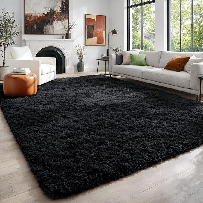 Fluffy Shaggy Black Area Rug 8x10 Feet, Plush Rugs - Image 6