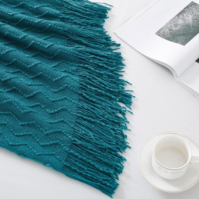 BOURINA Teal Throw Blanket 50 x90 Inches Throw Textured Solid Soft Sofa Throw - Image 6