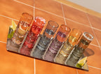Saludi Colored Shot Glasses, 2oz (Set of 6) Multi-Color Glass with Wood Paddle - Luxury, Durable, Hand-Blown