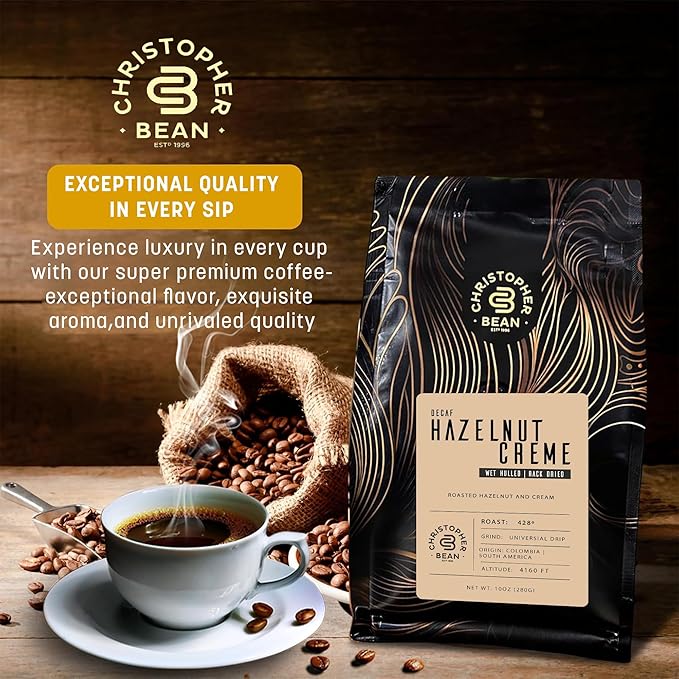 Christopher Bean Coffee - Certified Kosher - Decaf Ground Universial Drip Hazelnut Crème Flavored Coffee| Coffee Beans with Medium Roast 100% Arabica, No Sugar, No Fats, Non-Gmo | 10-Ounce Bag