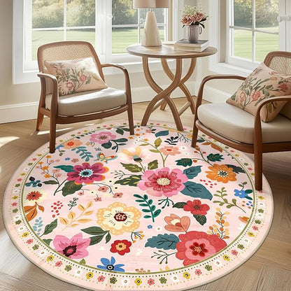 RELEANY Floral Washable Round 6ft Area Rug Pink | Flower Carpet Print Boho Cute - Image 2