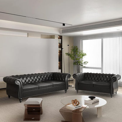 ORRD 2 Pieces Living Room Set, Chesterfield Leather Sofa Loveseat Couch by ORRD