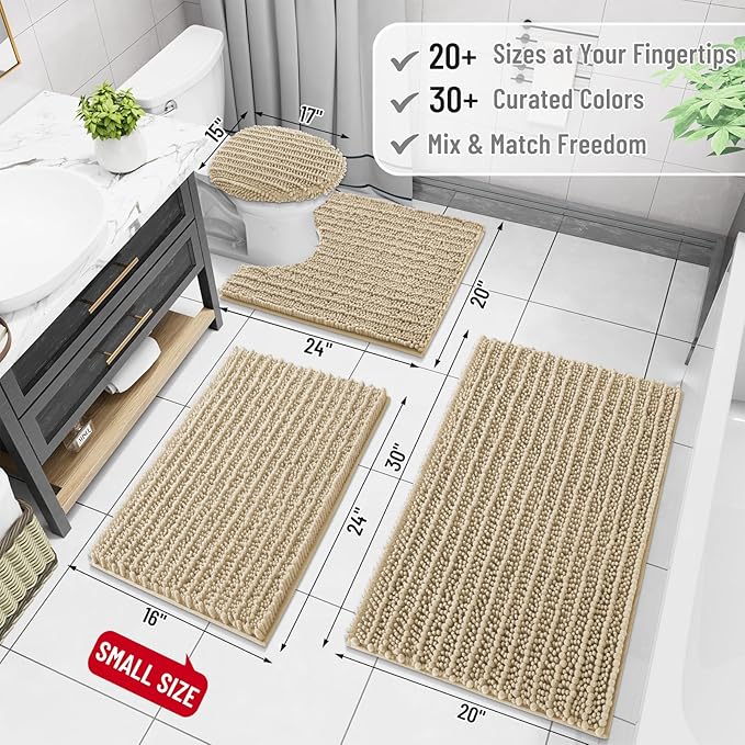 Arotive Luxury Chenille Bathroom Rug Mat, Extra Soft Thick Absorbent Shaggy Bath Rugs, Non-Slip Machine Wash Dry, Plush Bath Mats for Bathroom, Shower and Tub, 44x24, Beige