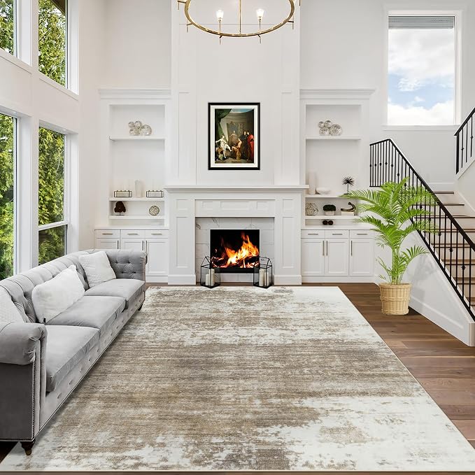 6x9 Area Rugs for Living Room: Washable Abstract Brown White Badroom Carpet | by GENTDRIZZ