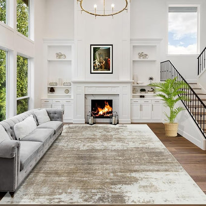 6x9 Area Rugs for Living Room: Washable Abstract Brown White Badroom Carpet | by GENTDRIZZ