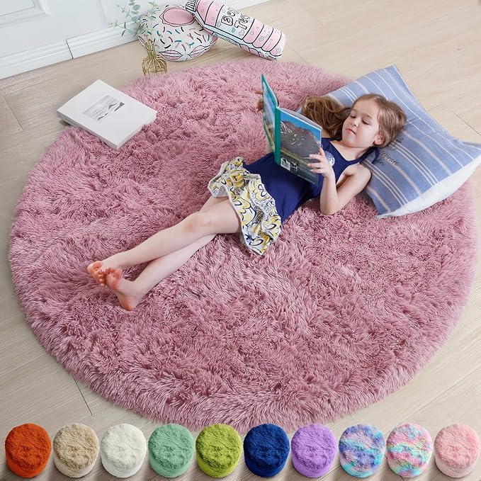 Amdrebio Mauve Pink Round Plush Rug 5Ft by Amdrebio