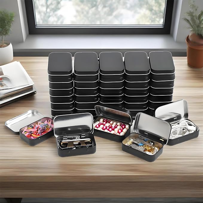 6 Pcs Small Metal Box With Lid -Black Hinged Cookie Jar,Used For Storage, Jewelry,Candy,Tea,Spices,Crafts,Pills,Mini Portable Storage Box,Card Game Storage Box,Black Tin 3.7x2.4x0.8 Inch