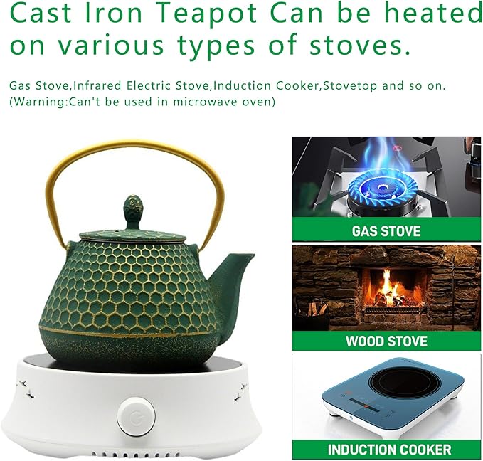Cast Iron Tea Kettle Set, 33.8oz Hexagon Pattern Teapot Set with Cups, Teapot Coated with Enameled Interior, Durable Cast Iron Teapot Set with Stainless Steel Infuser